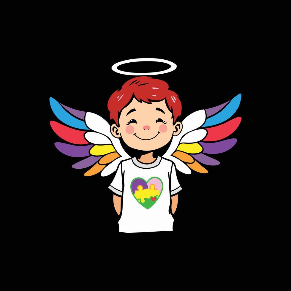 Boy with Angel Wings and Rainbow Heart Symbolizing Autism Awareness and Support vector