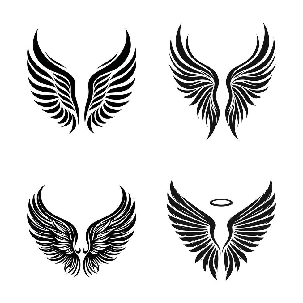 Tribal wing design set isolated on white for logo, tattoo, and fantasy art vector