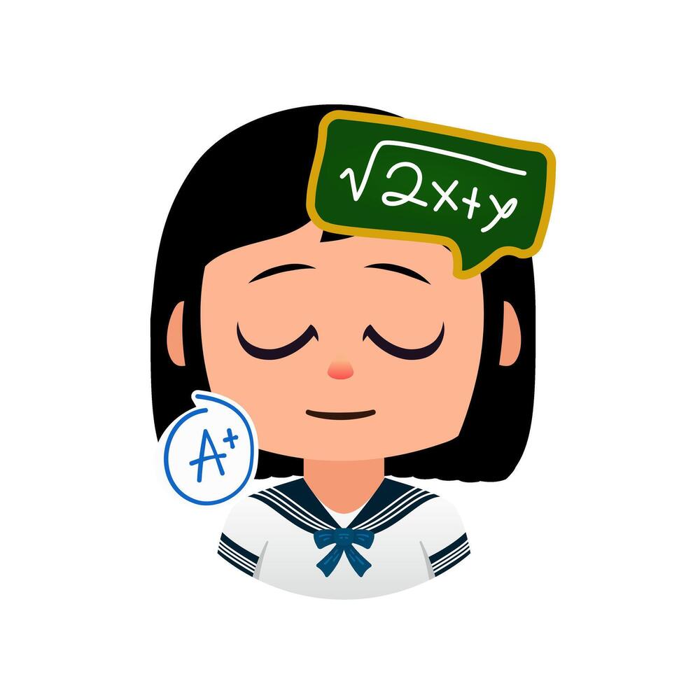 Smart Student Solving Math, Fast-learning student grasping new knowledge, Emoji girl School vector