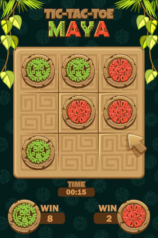 TIC TAC TOE UI in Maya or Aztec themed with lianas. Cartoon Board logic game for your game development UI. strategy game noughts and crosses vector