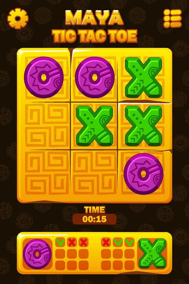 TIC TAC TOE UI in Maya or Aztec themed. Golden Board logic game for your game development UI. strategy game noughts and crosses vector