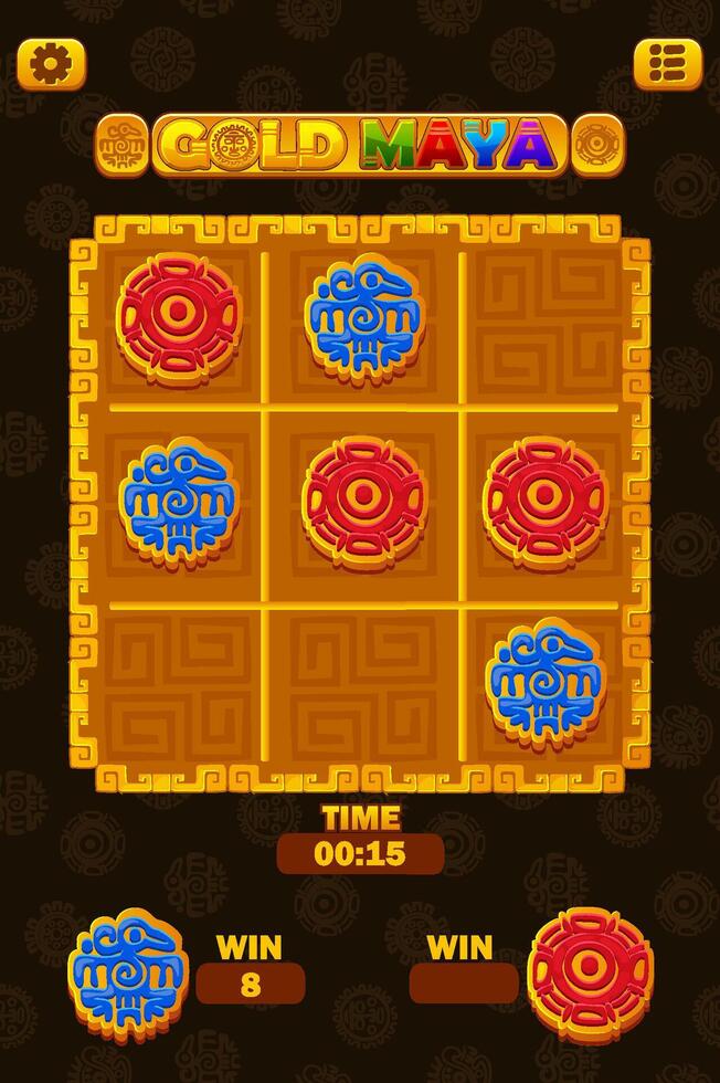 TIC TAC TOE UI in Maya or Aztec themed. Maya icons- Bird and Sun. Board logic game for your game development UI. strategy game noughts and crosses vector