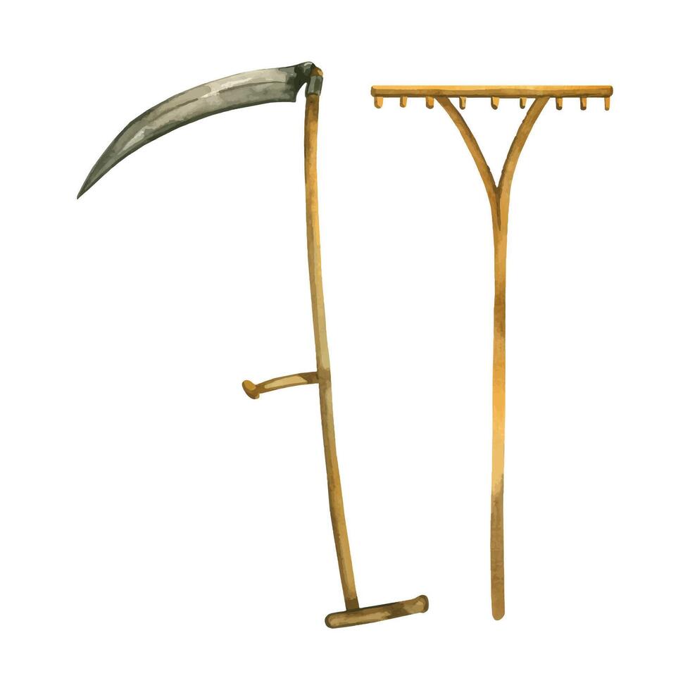 Set of garden tools, scythe for mowing grass and wheat, wooden rake for collecting grass. All objects are hand-drawn with watercolors and isolated on a white background. For design and creativity vector