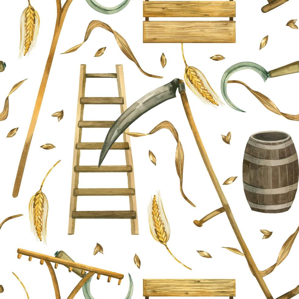 Harvesting, wheat, scythe for mowing, sickle, storage box and barrel, ladder, wheat grains, wheat ears. All objects are hand-drawn with watercolor. Watercolor seamless pattern. For printing on paper vector