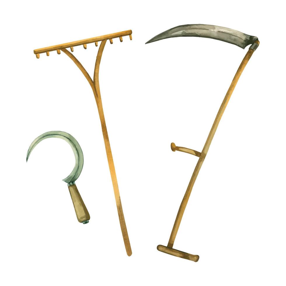 Garden tools, antique harvesting tools, metal sickle, scythe, wooden rake, all objects are hand painted with watercolor. Suitable for design, creativity, printing on fabric and paper vector