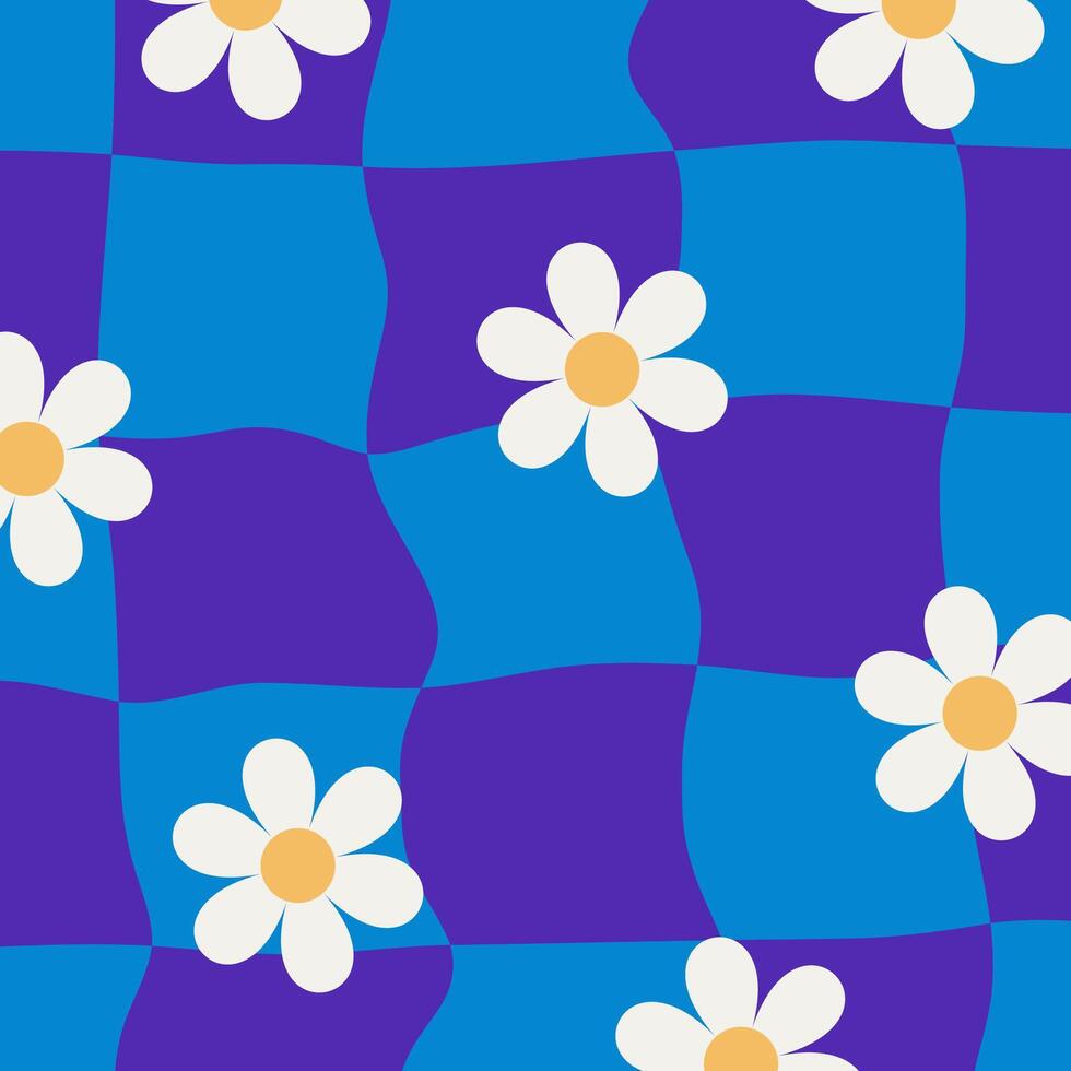 Psychedelic checkerboard with bold geometric distortions and daisies, surreal retro look. Wavy grid pattern, vibrant 70s colors, groovy hippie energy. vector