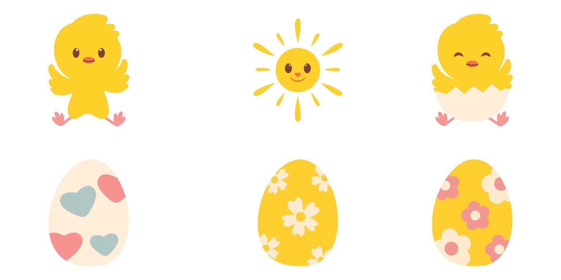 Cute Easter Chick and Egg Design Set ,Spring collection of animals, flowers and decorations. For poster, card, scrapbooking , stickers vector