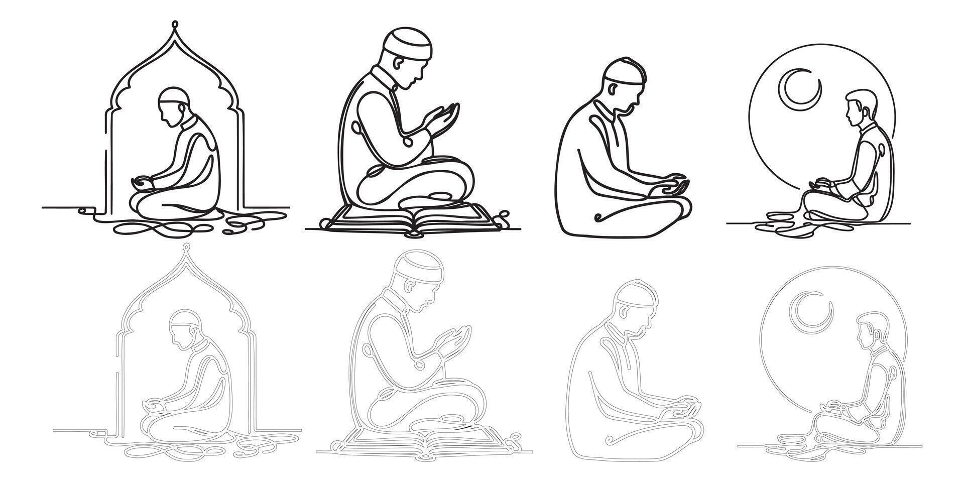 Whispers of Faith One-Line Art of Muslim Men in Prayer vector