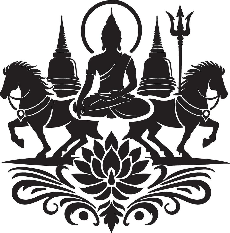 the buddha is sitting on a horse and surrounded by horses vector