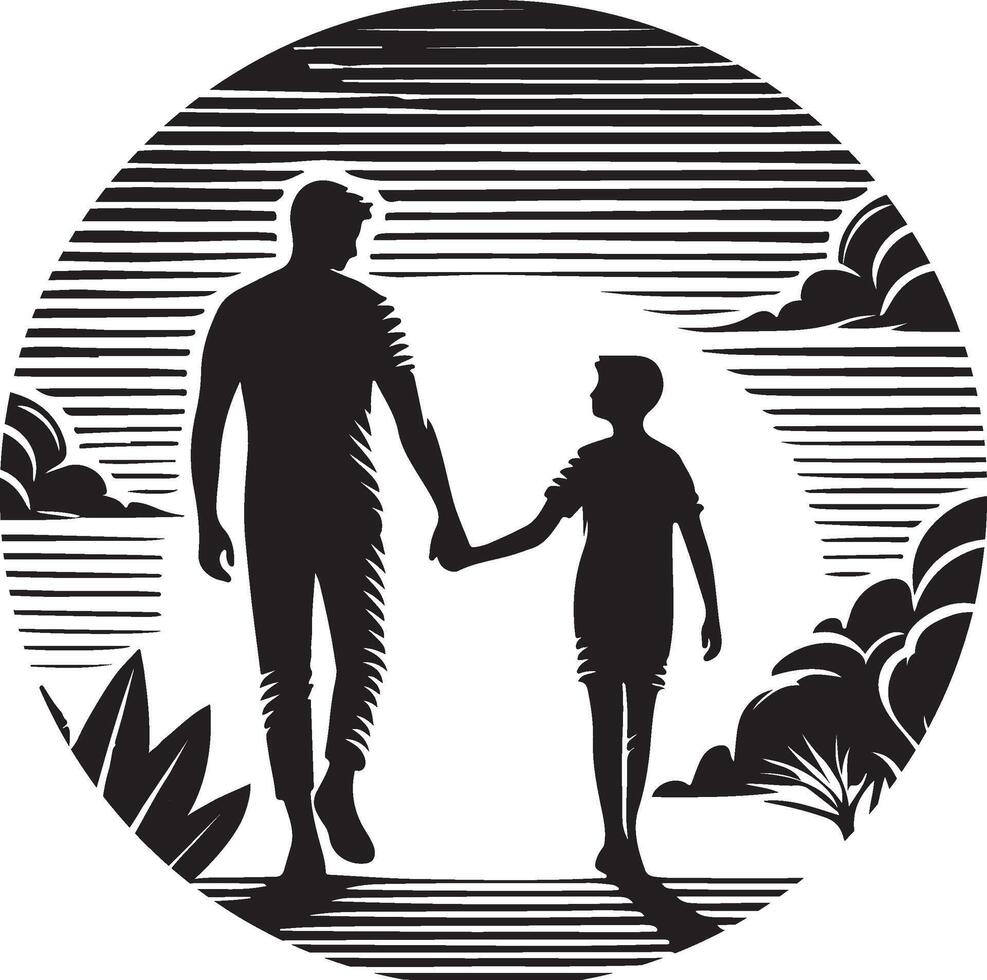 a silhouette of a man and his son walking in the woods vector