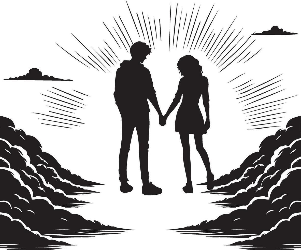 silhouette of a couple holding hands in the sky vector