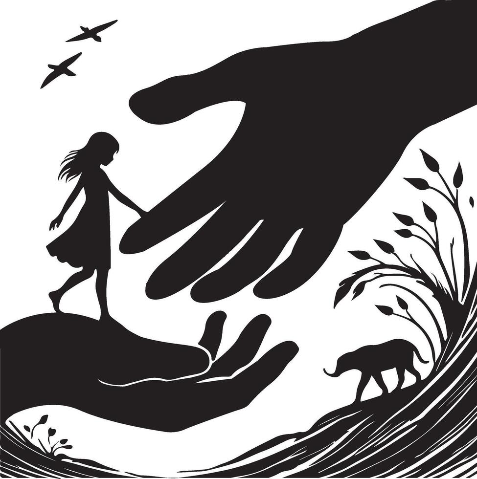 silhouette of a girl walking on the hand of a man vector