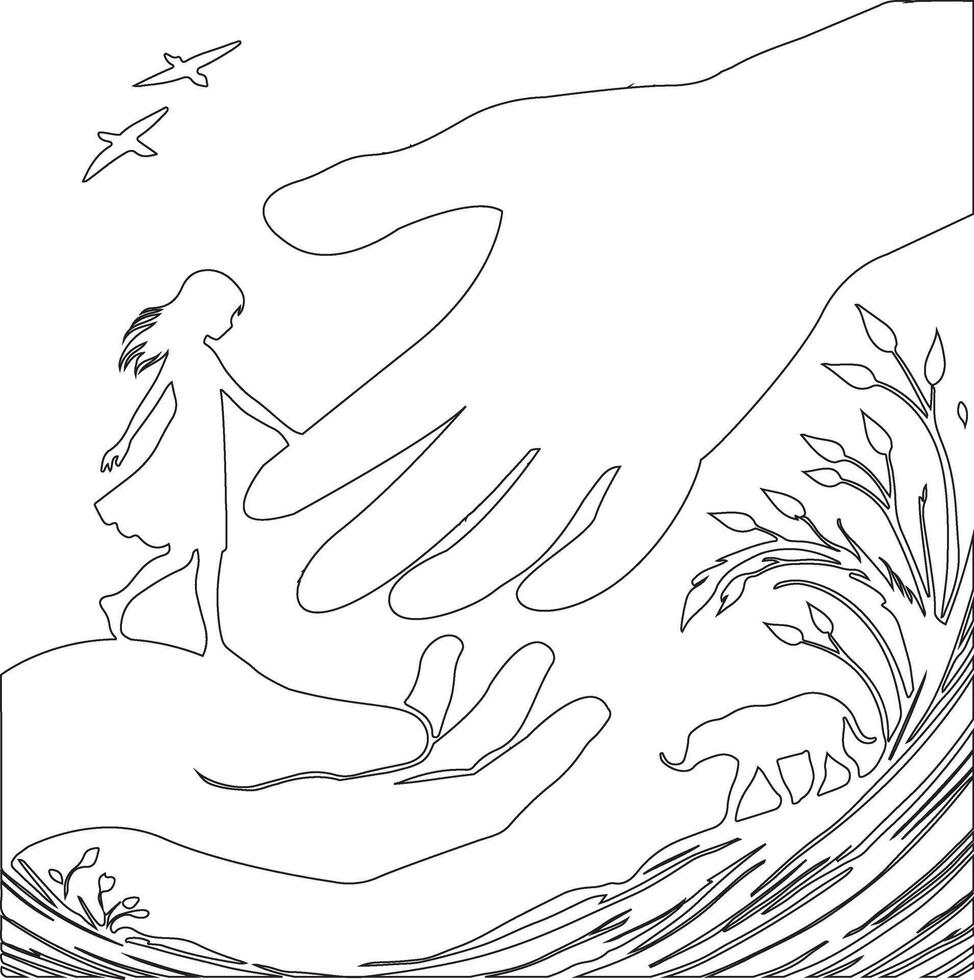 a coloring page with a hand reaching out to a girl vector