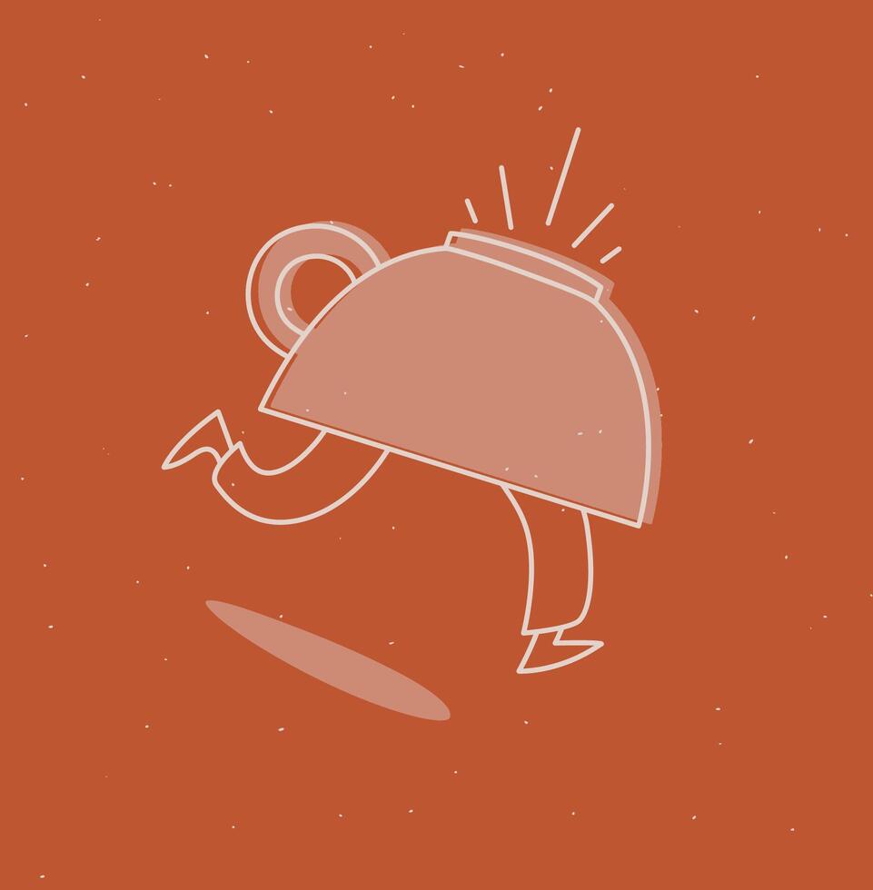 Running inverted cup of coffee drawing in cartoon flat line style on mustard vector