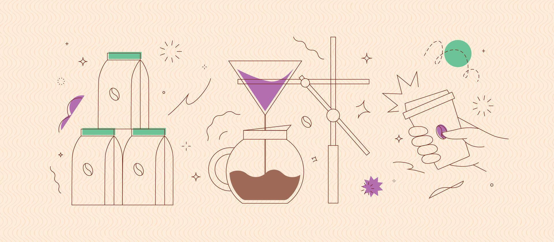 Coffee maker, pack, take away cup symbols drawing in modern linear art style on peach background vector