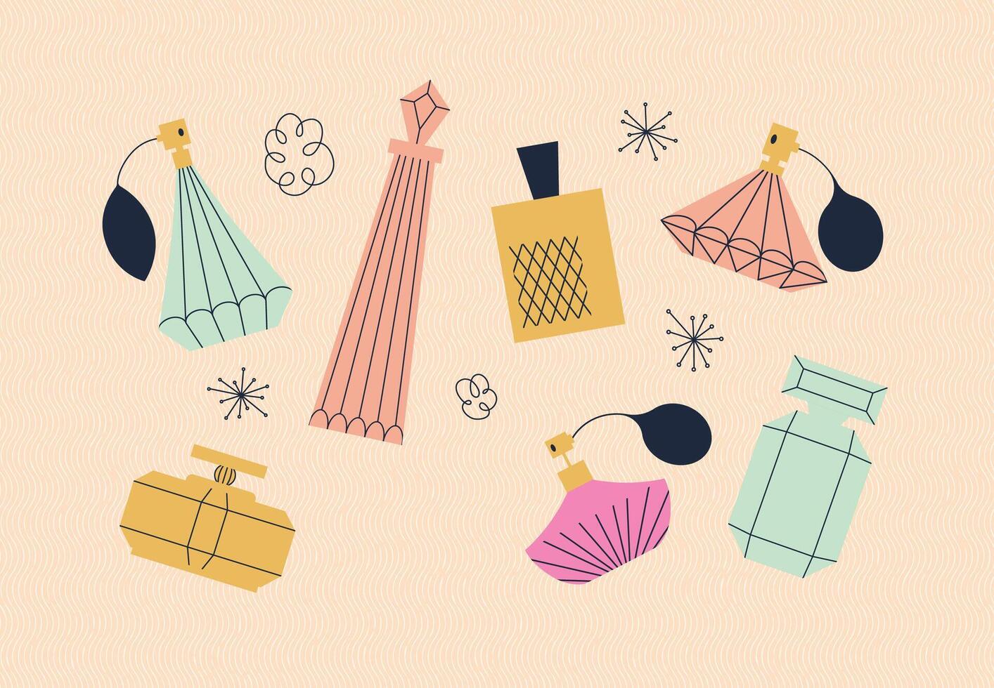 Perfume bottle collection drawing with color in retro style on beige background vector