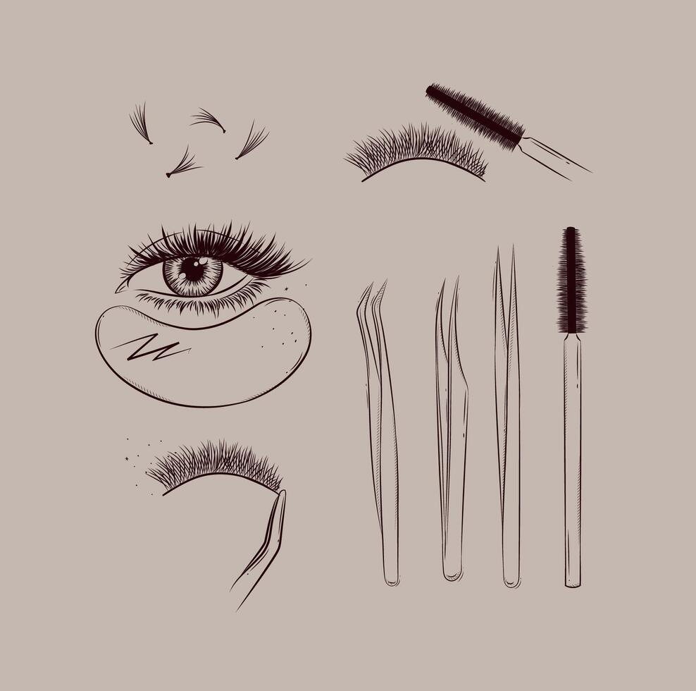 Lashes treatment studio tools collection drawing with black on beige background vector