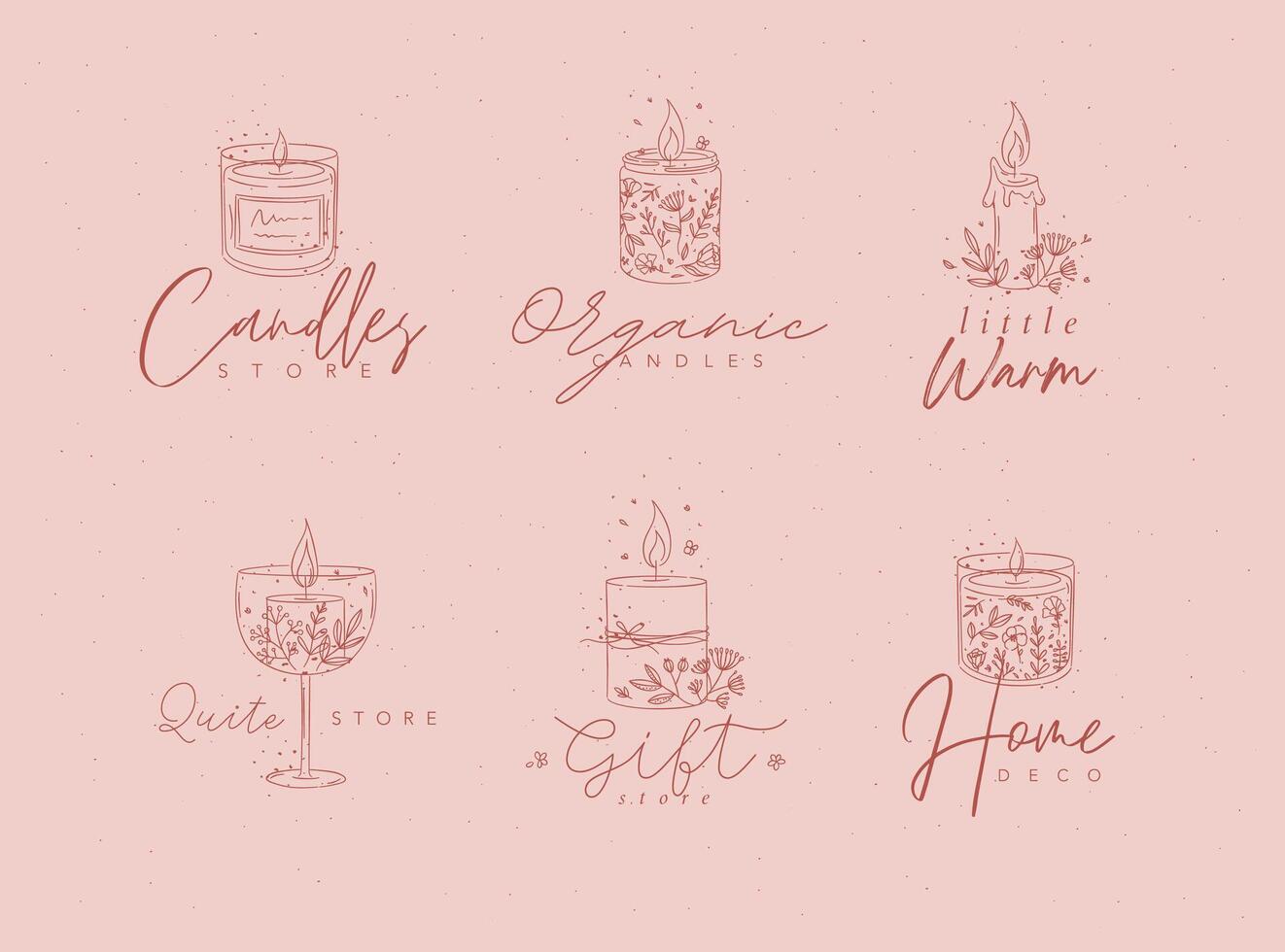 Candles with branches and leaves label collection drawing on red background vector