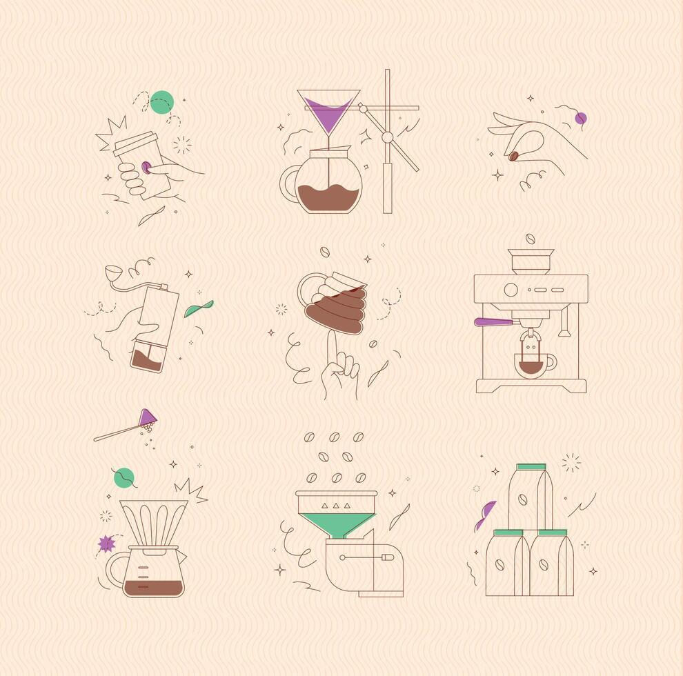 Coffee symbols set cup, pot, grinder, bean, machine, pot, mill, pack drawing in minimalist style on peach background vector