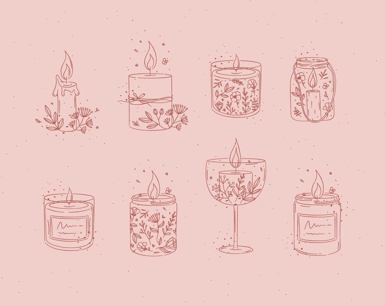 Candles with branches and leaves collection drawing on red background vector