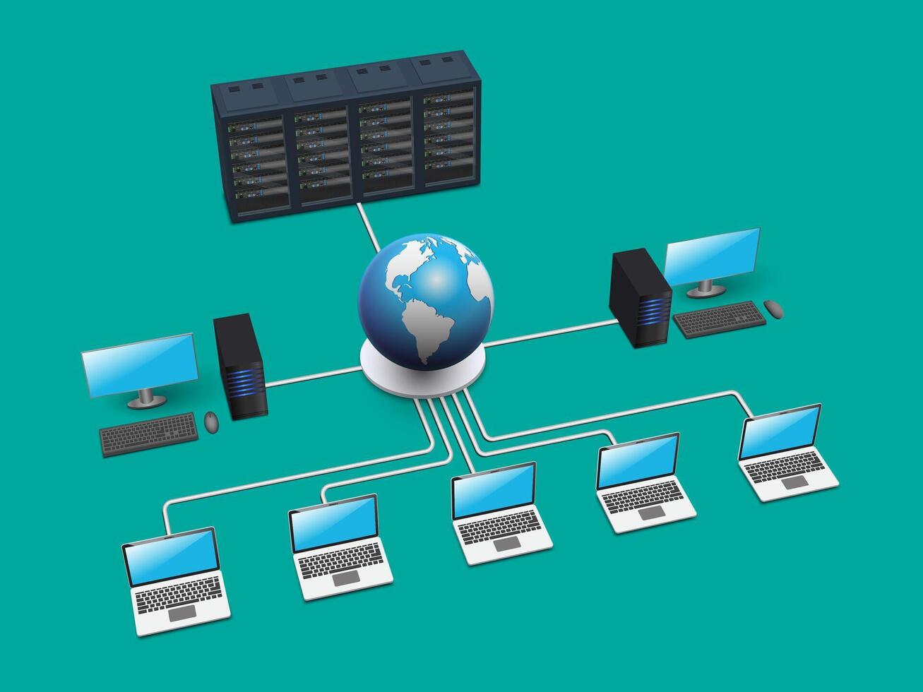 Computer network cloud computing data center. Concept of cloud server and secure internet connection. vector