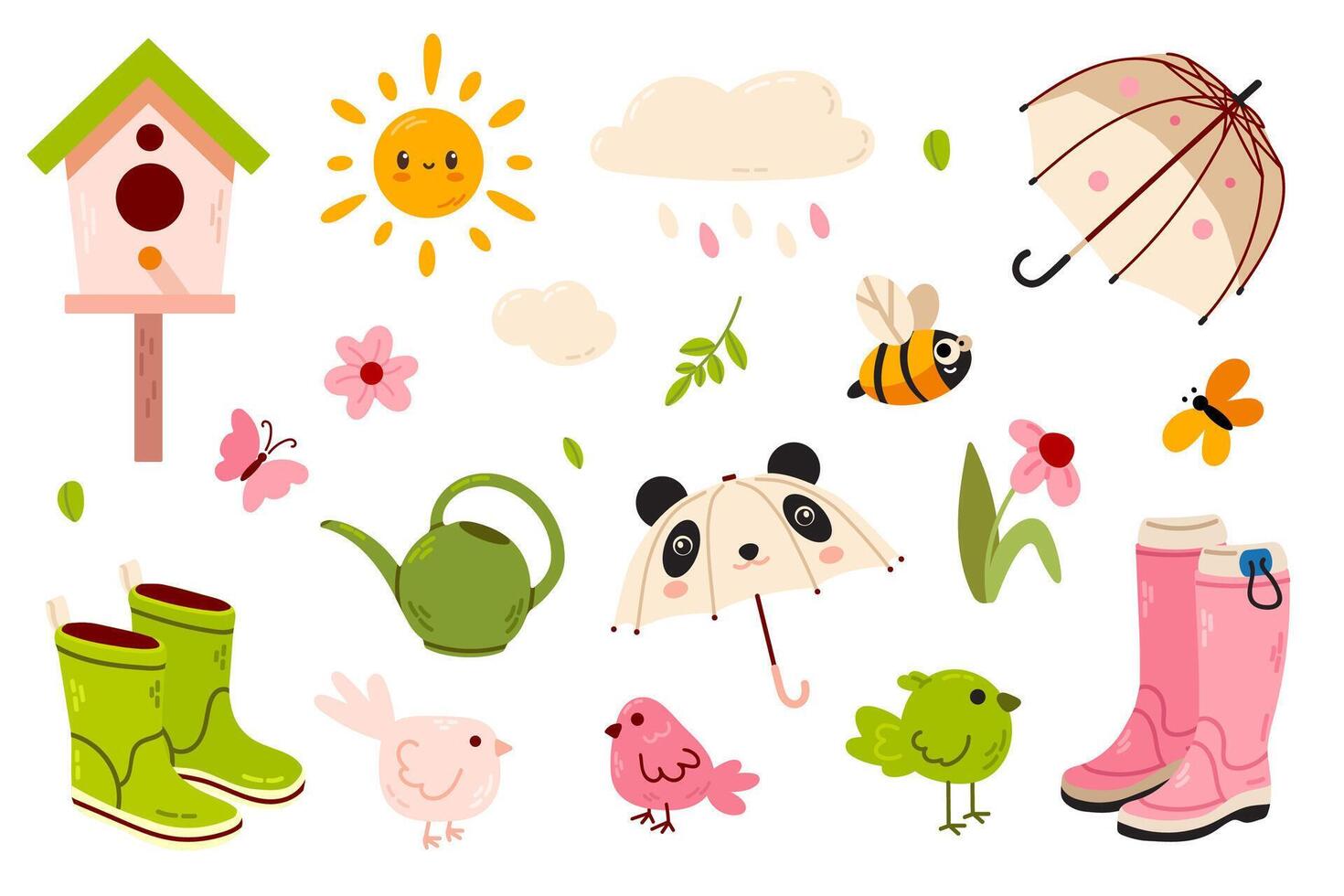 Cute Spring Pastel Element Set with birdhouses, flowers, boots, birds, water can and umbrellas. Perfect for scrapbooking, invitations, and digital crafts. vector