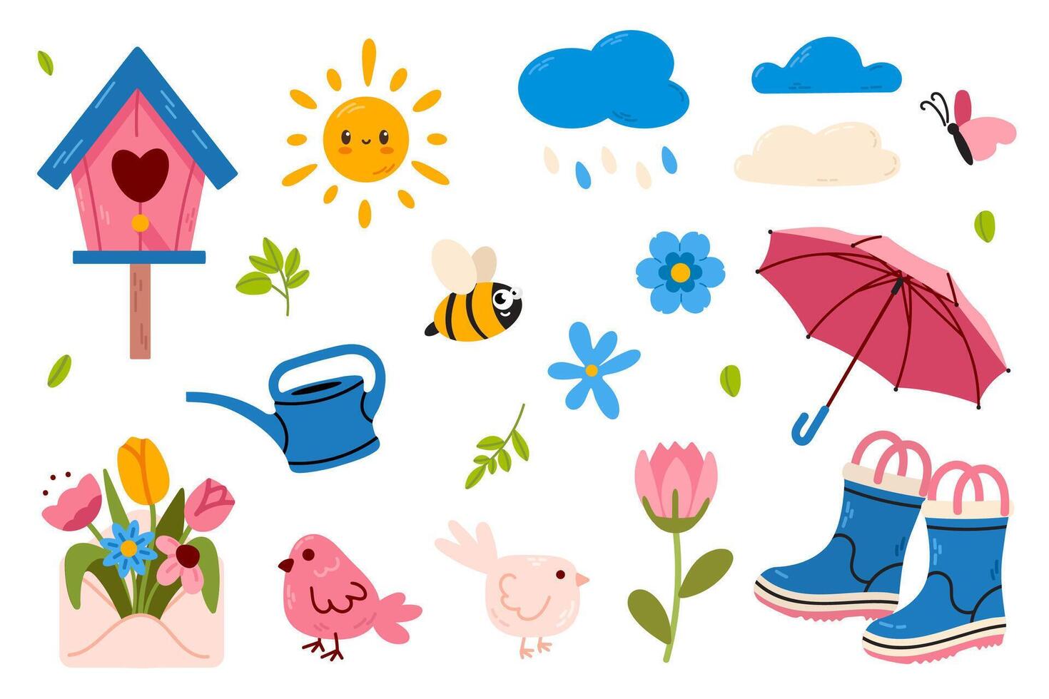 Cute Spring Blue and Pink Element Set with birdhouses, flowers, boots, birds, water can and umbrellas. Perfect for scrapbooking, invitations, and digital crafts. vector