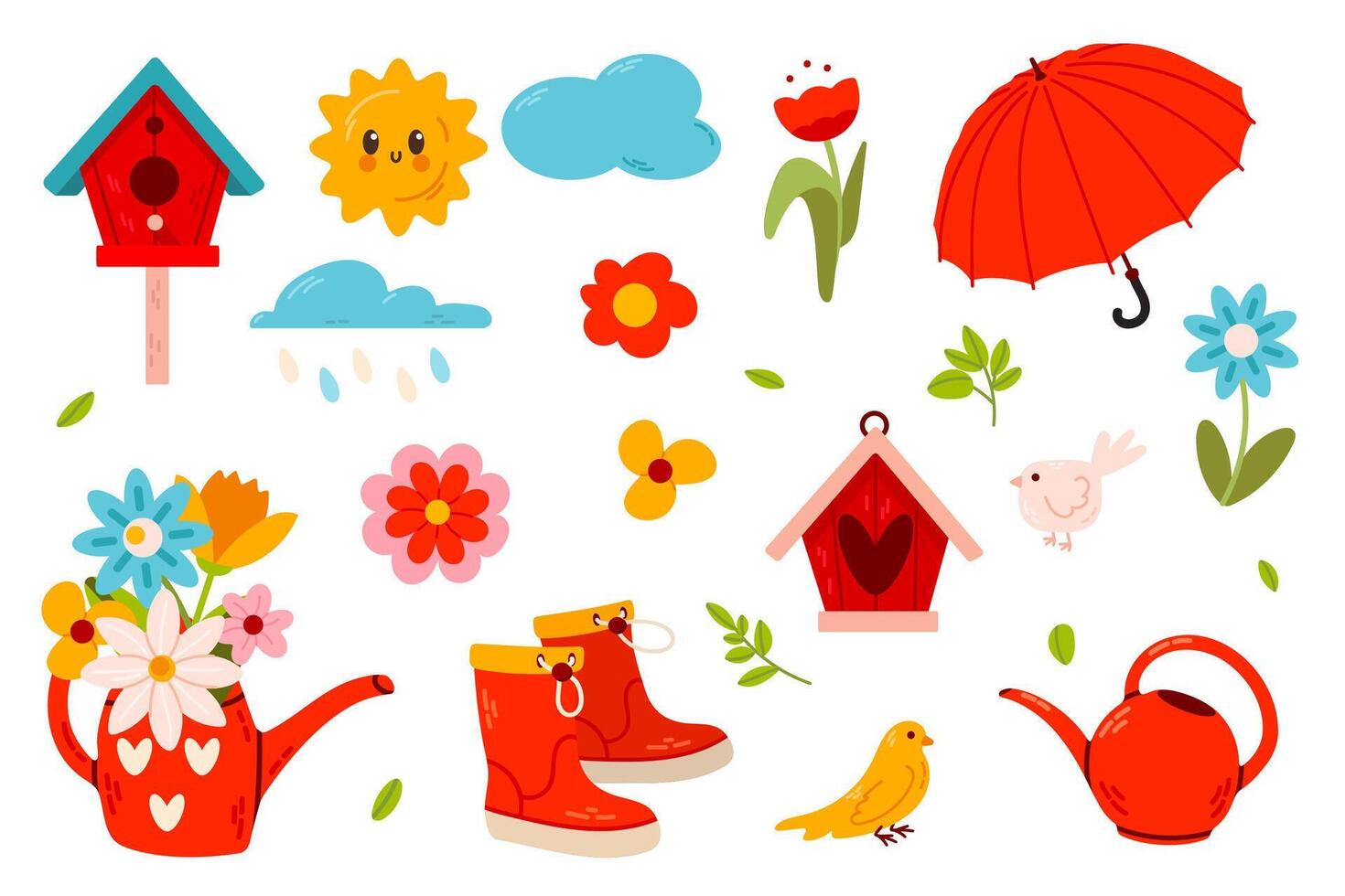 Cute Spring Red Element Set with birdhouses, flowers, boots, birds, water can and umbrellas. Perfect for scrapbooking, invitations, and digital crafts. vector