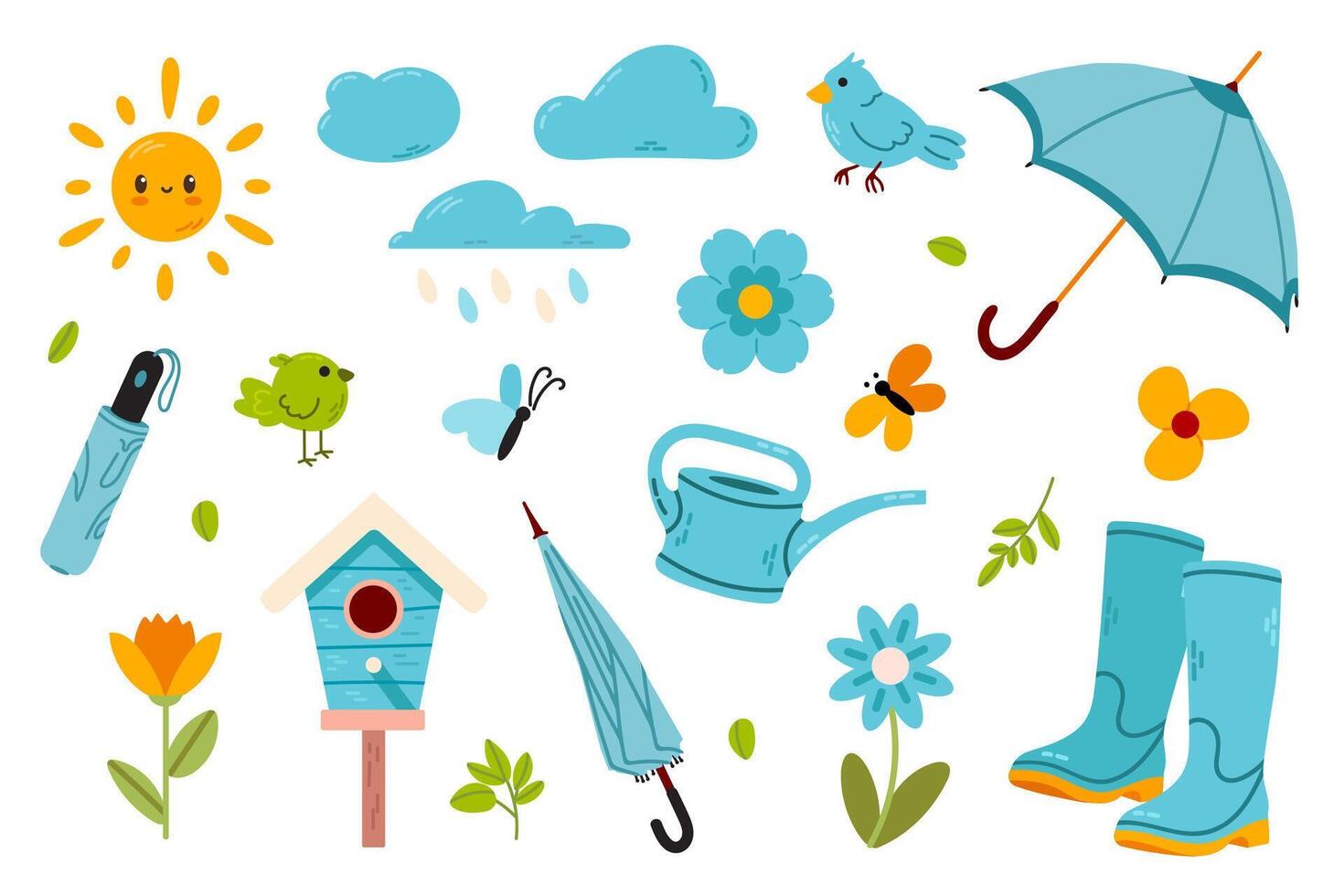 Cute Blue Spring Element Set with birdhouses, flowers, boots, birds, water can and umbrellas. Perfect for scrapbooking, invitations, and digital crafts. vector