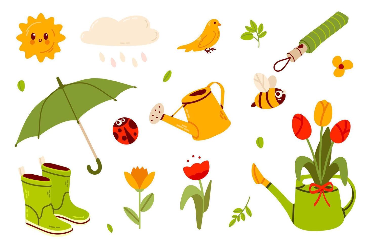Cute Spring Green and Yellow Element Set with birdhouses, flowers, boots, birds, water can and umbrellas. Perfect for scrapbooking, invitations, and digital crafts. vector
