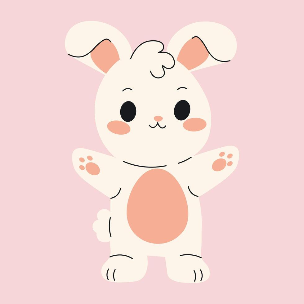 Flat style illustration of a cute Easter bunny standing with open arms, ideal for festive designs, greeting cards, and spring-themed projects. vector