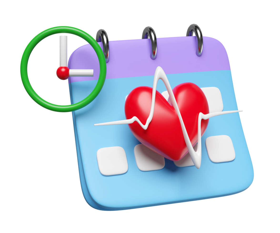 3d calendar with heart, heartbeat, clock isolated. health checkup appointment concept, 3d illustration render png