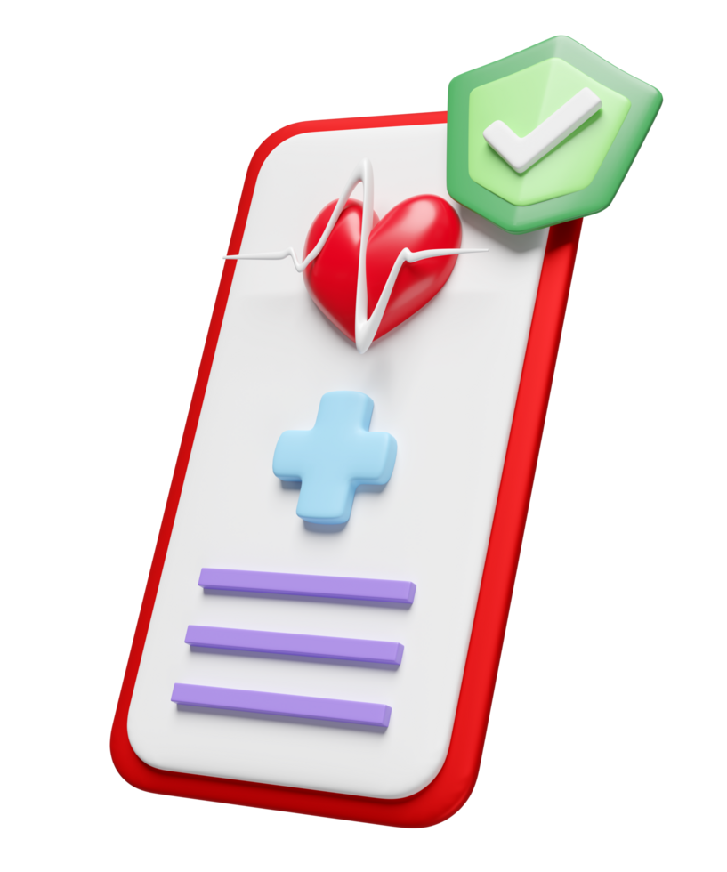 3d smartphone screen with health app, shield, check mark isolated. health check report concept, 3d illustration render png