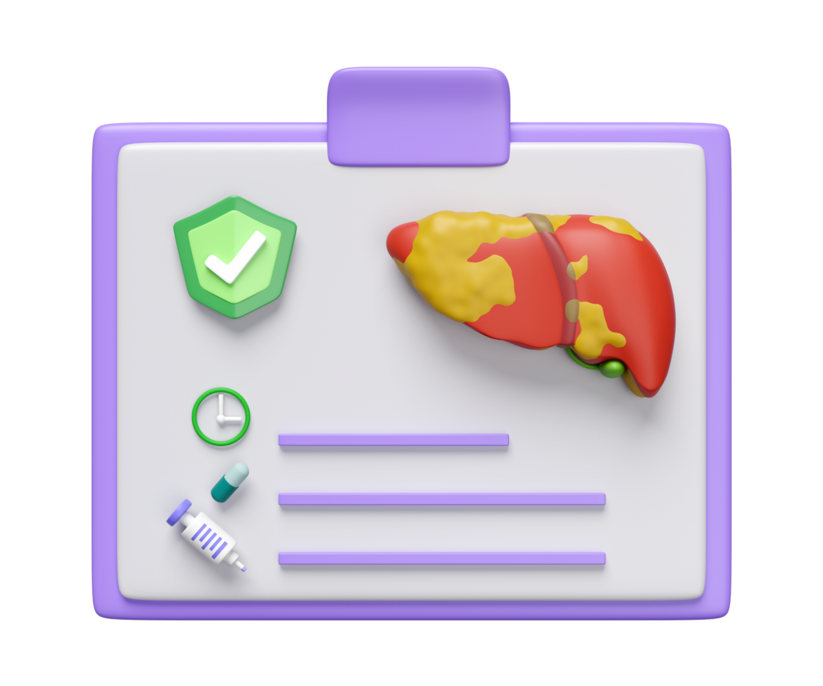 3d checklist for health fatty liver disease isolated. health check report, time to give medicine concept, 3d illustration render png