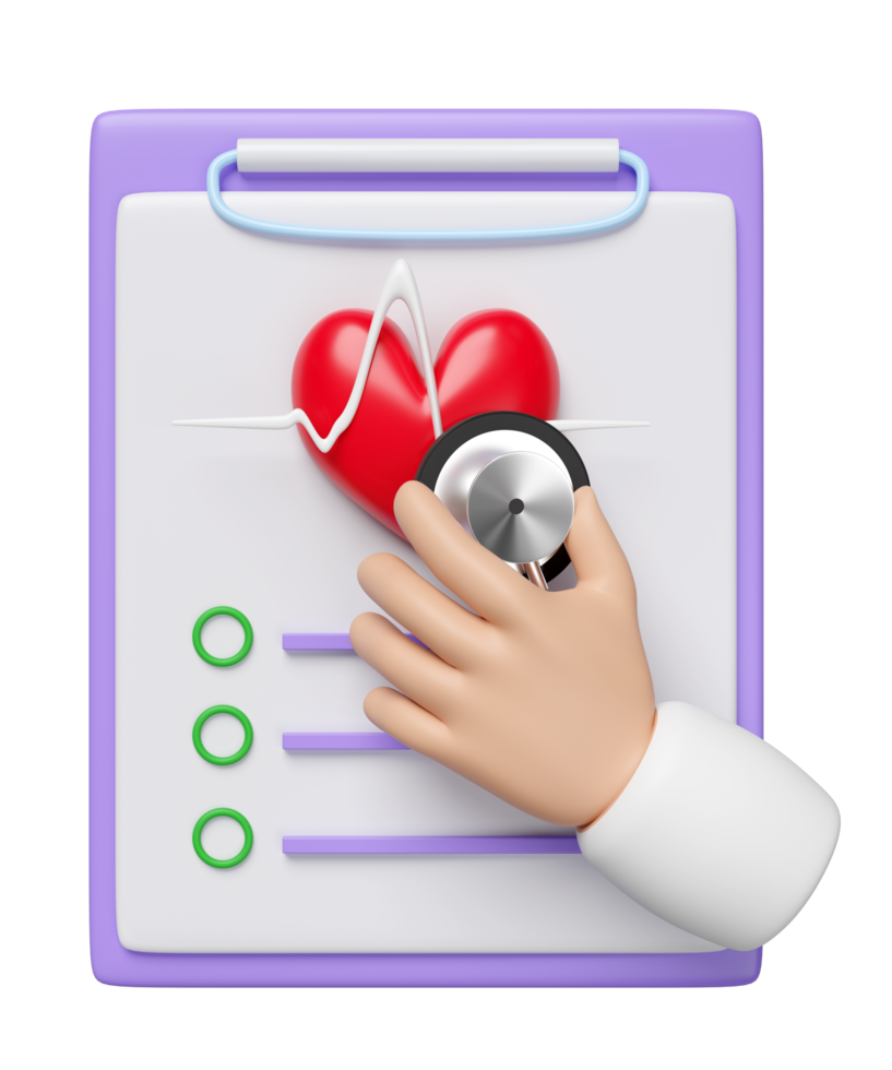 3d checklist for health with heart, heartbeat, doctor hand holding stethoscope isolated. health check report concept, 3d illustration render png