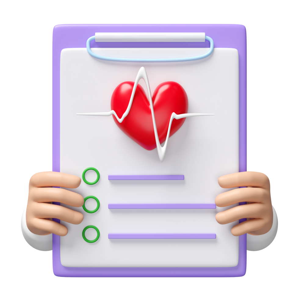 3d doctor hand holding checklist for health with heart, heartbeat isolated. health check report concept, 3d illustration render png