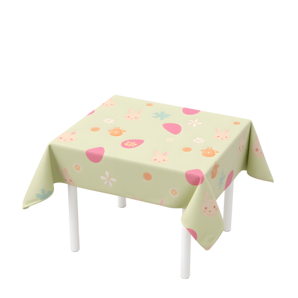 Easter Themed Table with Bunny and Egg Pattern Tablecloth for Spring png