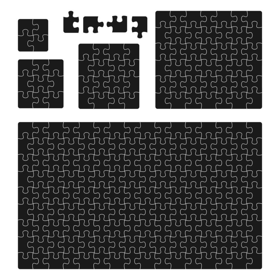 Black jigsaw puzzle pieces set on white background isolated top view. illustration. vector