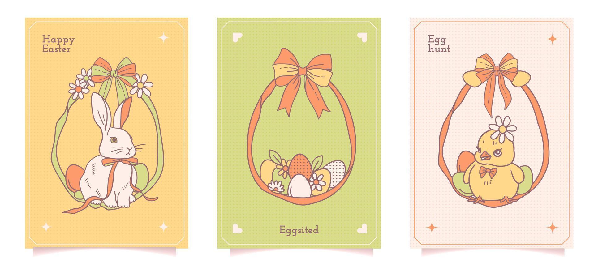 Hand drawn retro Easter cards set with bunny, eggs, ribbon frames, and bows in beige, green, and yellow tones. Vintage Contour hand drawn illustration. vector