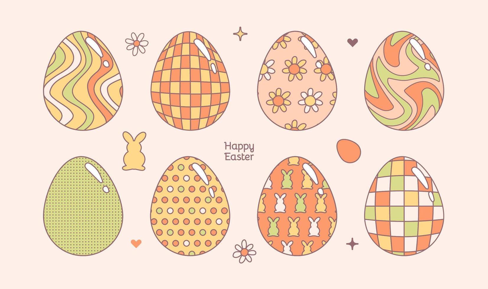 Groovy Floral Hippie Easter eggs set isolated on white. Alternative funny distorted and geometric patterned Retro Easter design. Contour illustration. vector