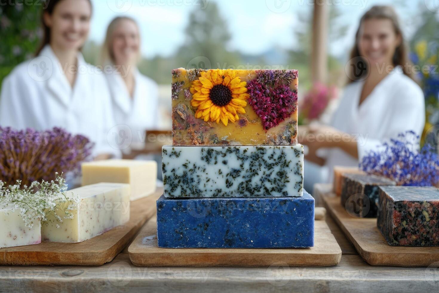 Two individuals in white robes enjoy a soap making workshop outdoors. Colorful handmade soaps featuring flowers and herbs are displayed prominently. The setting is serene and inviting photo