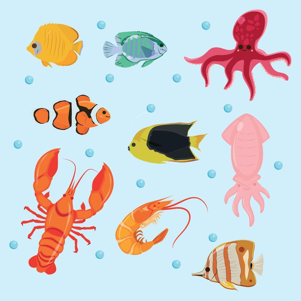 Underwater ocean creatures set with flat design style vector