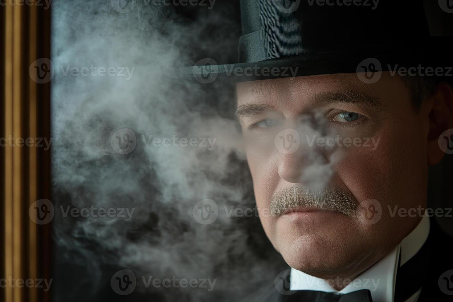 A man with a refined mustache and sharp features exudes charisma while dressed in formal attire. Smoke wraps around him, creating an air of mystery and intrigue photo