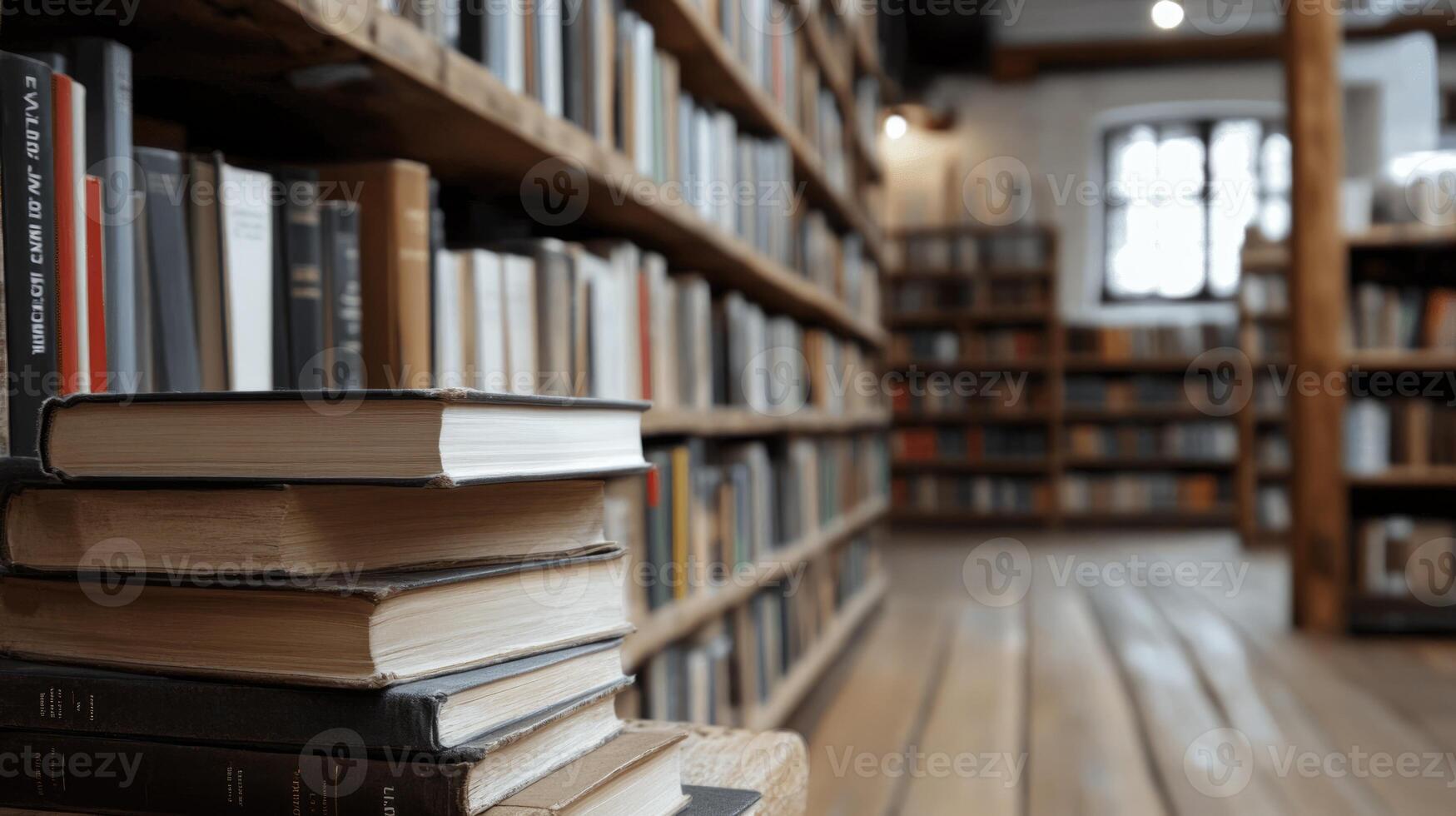 Stacks of books rest on a wooden surface while shelves filled with various titles line the walls of a charming library. Soft lighting creates an inviting atmosphere photo