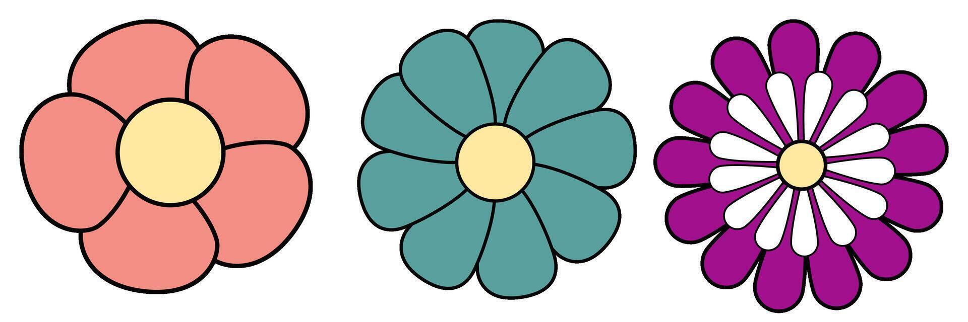 Set of flowers with black line on transparent background vector