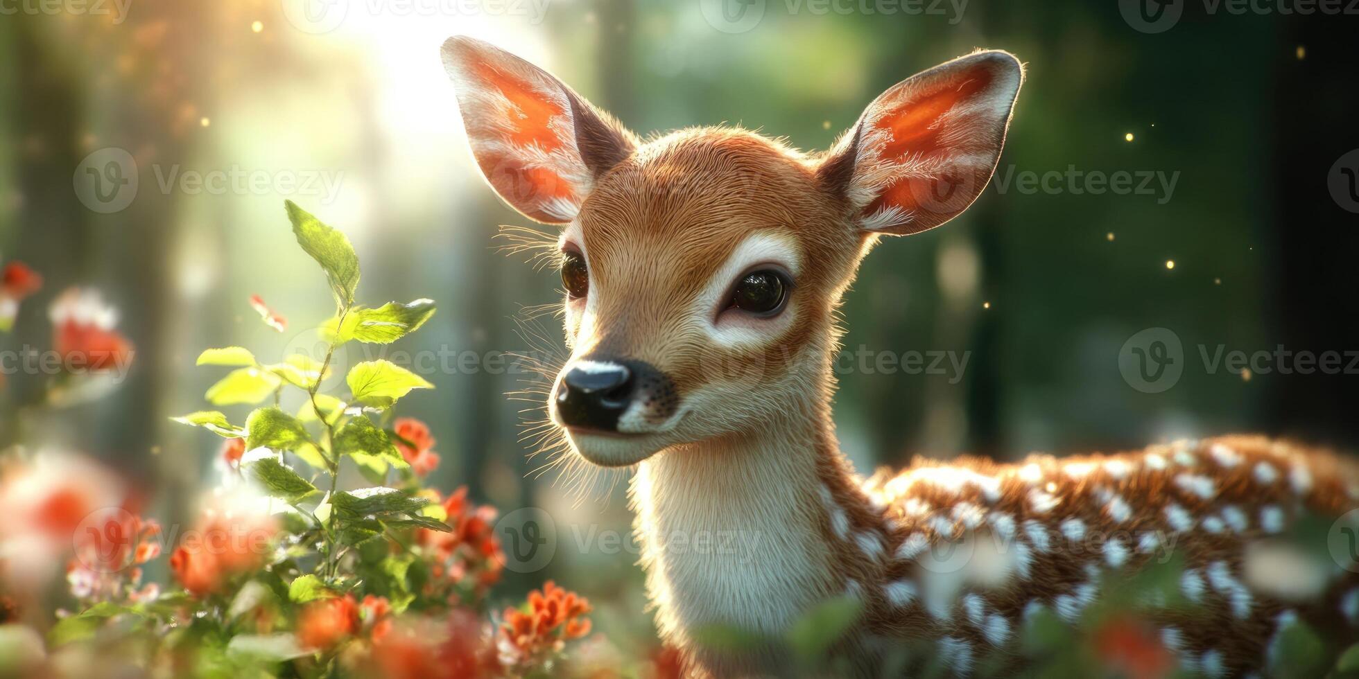 A young fawn stands gracefully among lush greenery and bright flowers, basking in the warm glow of the sun filtering through the trees. The tranquil forest setting creates a serene atmosphere photo