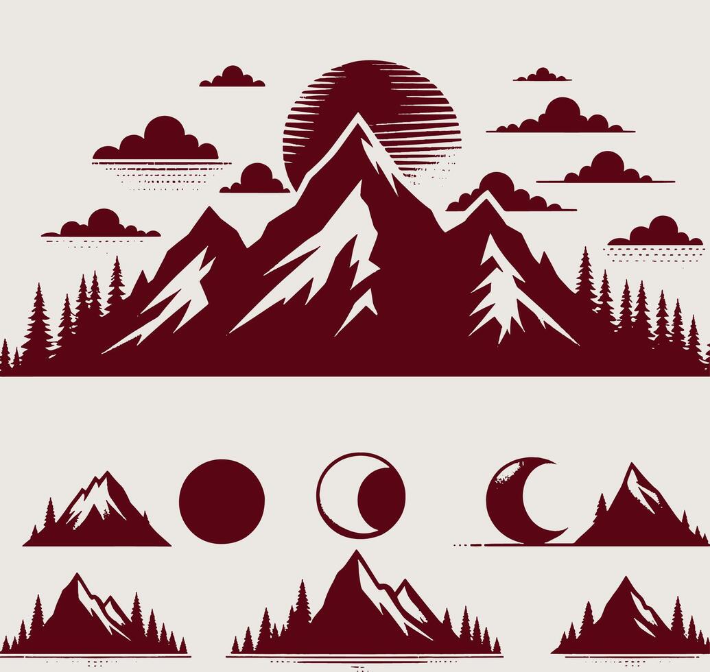 A set of mountain and sun icons vector