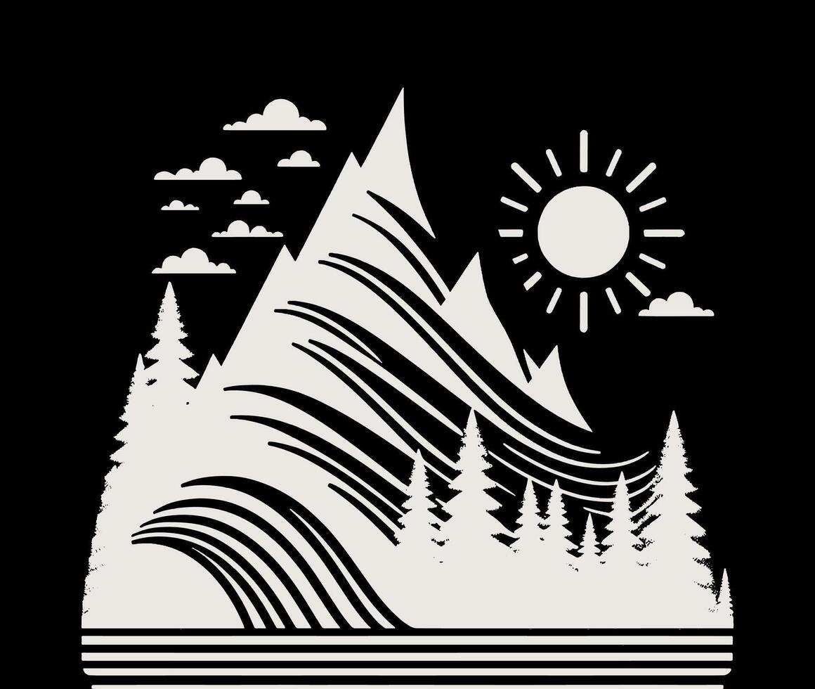 A mountain with trees and sun on it with a dark background. vector