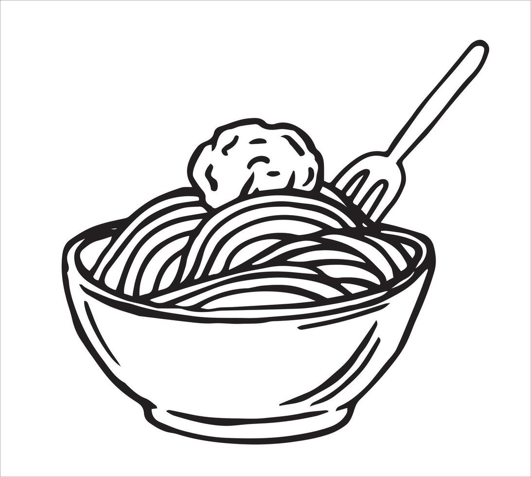 plate of pasta and meatballs. illustration in doodle style vector