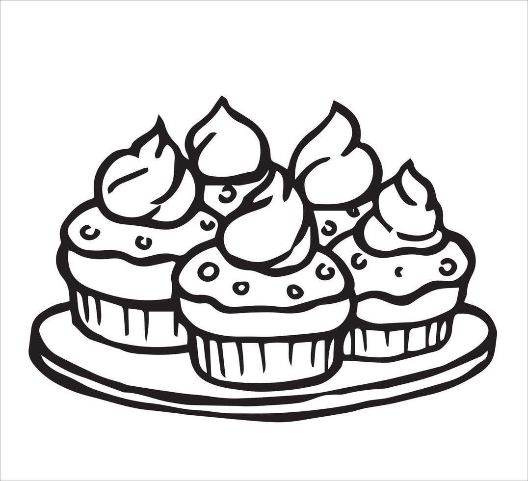 homemade cupcakes with whipped cream. illustration in doodle style vector